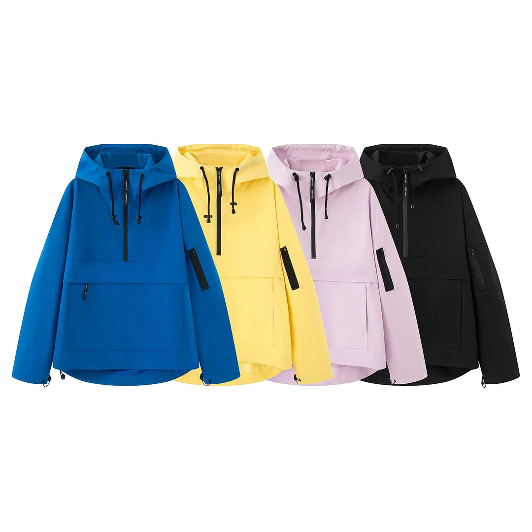 Damen nan winddichte Anorak-Pulloverjacke mit Kapuze, halbem Reißverschluss und großer Kängurutasche Drune
