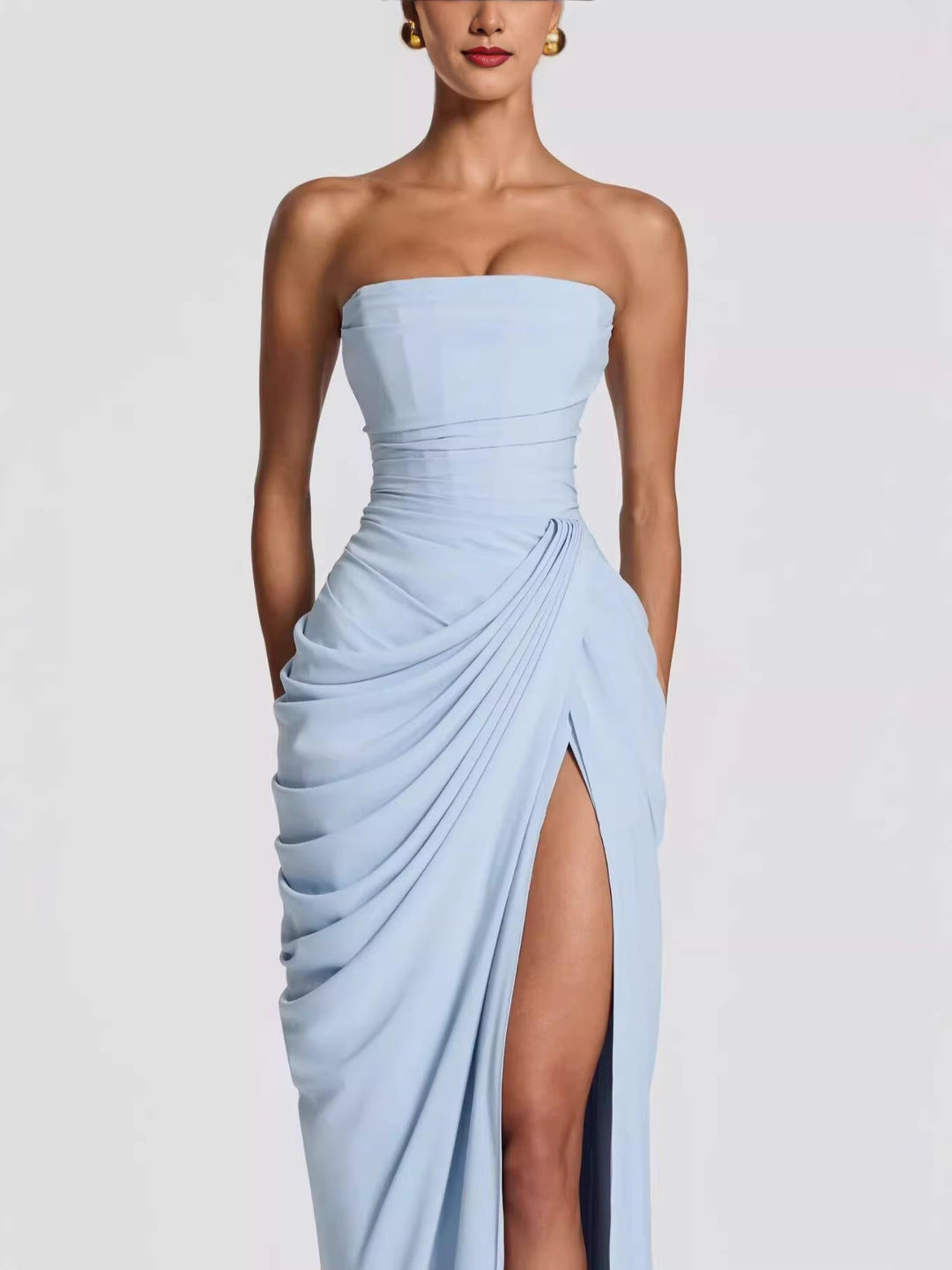 Damen Elegantes Bandeau Abendkleid mit Raffungen und Beinschlitz Drune