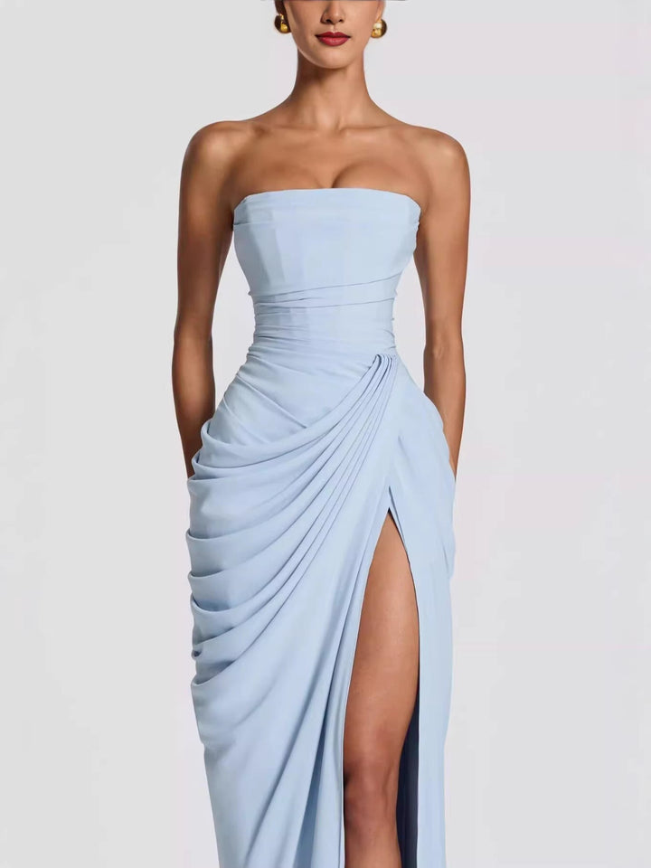Damen Elegantes Bandeau Abendkleid mit Raffungen und Beinschlitz Drune