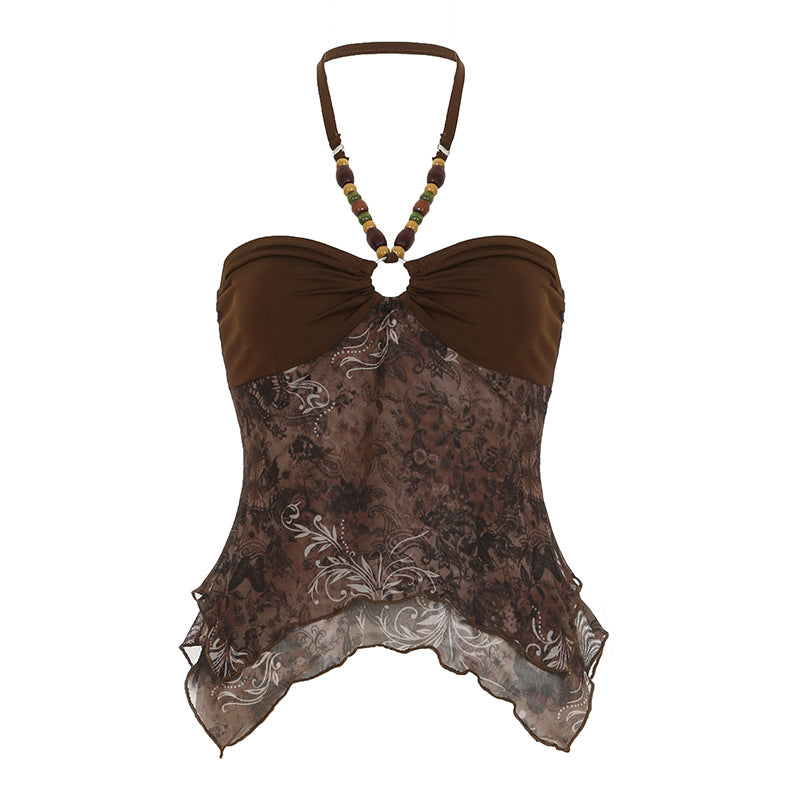 Damen lässiges Bandeau-Top mit floralem Design und raffinierten Bindebändern Drune