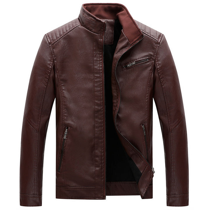 Herren Slim-Fit Lederoptik-Motojacke mit Stehkragen und Reißverschlusstaschen Drune