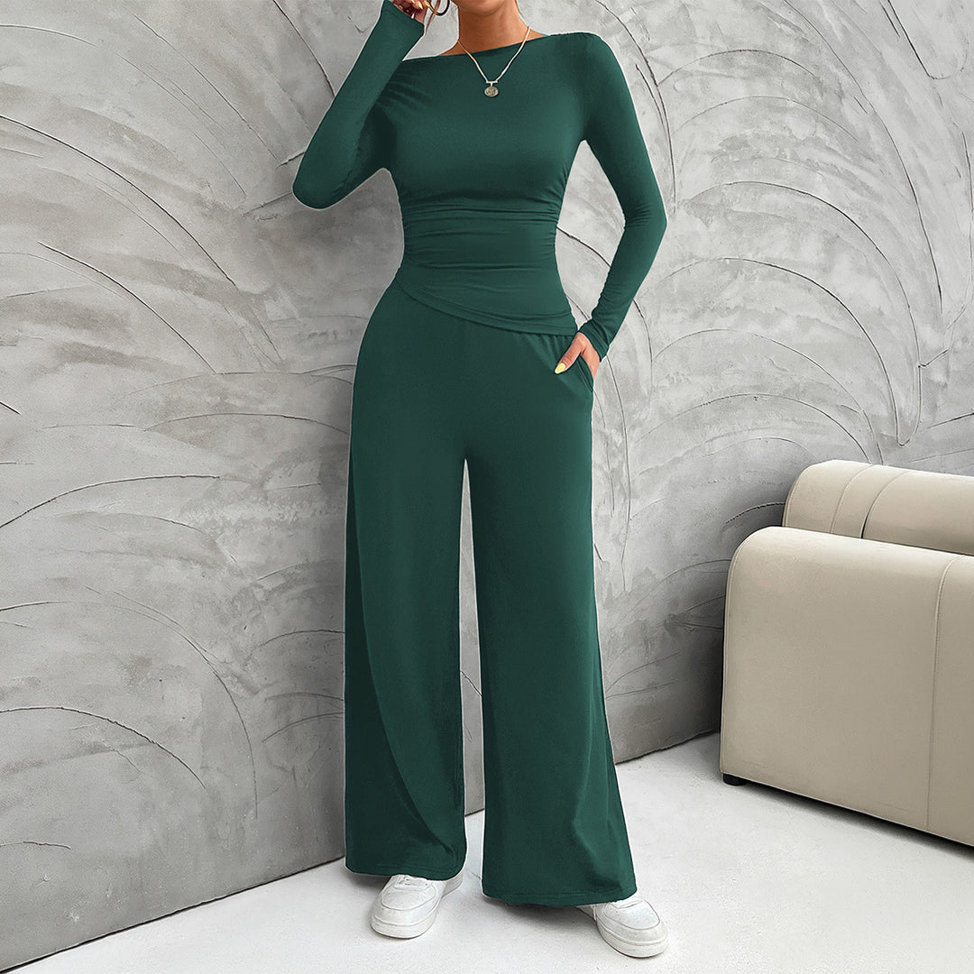 Damen nan zweiteiliges Jersey-Set mit asymmetrischer Wickeloptik, Langarmtop und weiter High‑Waist‑Hose Drune