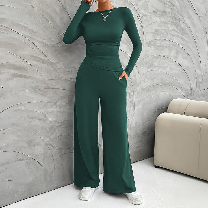 Damen nan zweiteiliges Jersey-Set mit asymmetrischer Wickeloptik, Langarmtop und weiter High‑Waist‑Hose Drune