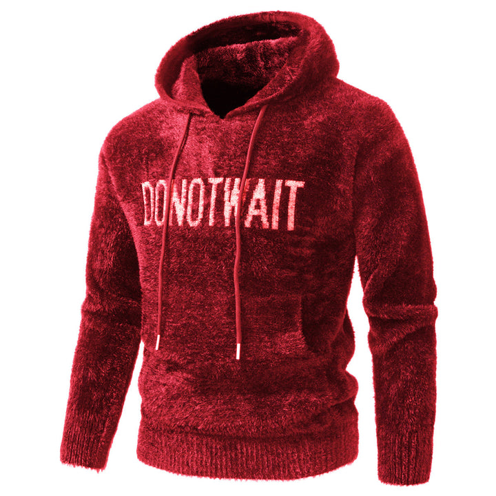 Herren Flauschiger Kapuzenpullover aus Teddy-Fleece mit Statement-Frontprint und Kängurutasche Drune