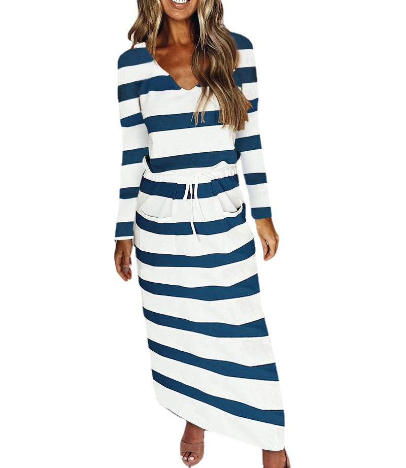 Damen Lässig-elegantes Maxi-Strickkleid mit V-Ausschnitt, Tunnelzug und Eingrifftaschen Drune