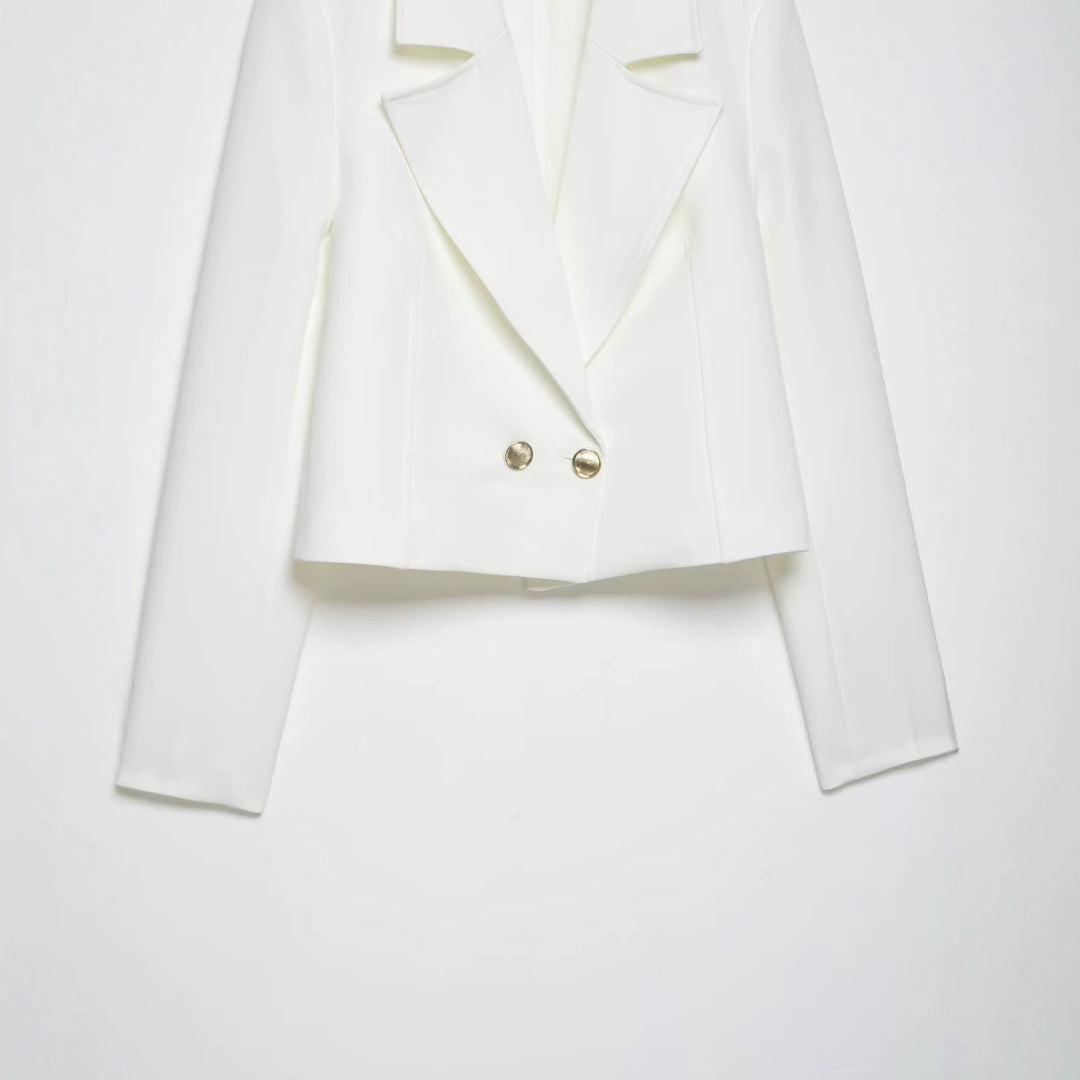 Damen Eleganter taillierter Cropped‑Blazer mit doppelreihiger Zierknopfleiste und konstruiertem Revers Drune