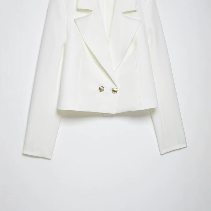 Damen Eleganter taillierter Cropped‑Blazer mit doppelreihiger Zierknopfleiste und konstruiertem Revers Drune