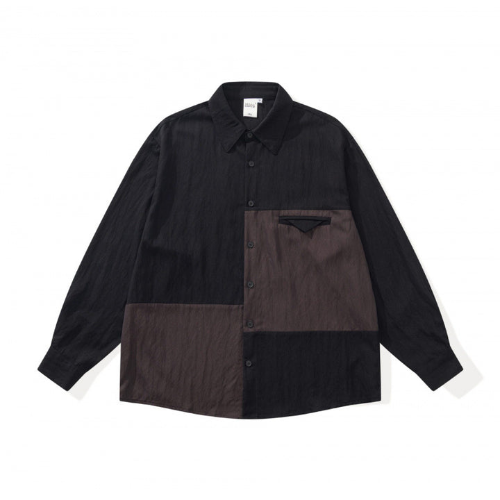 Unisex Oversize-Hemdjacke im Patchwork-Look mit Kentkragen und Brusttasche Drune