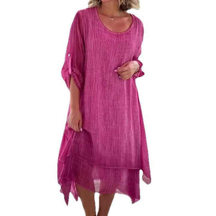 Damen nan weites Musselin-Midikleid mit rundem Halsausschnitt, krempelbaren halblangen Ärmeln und mehrlagigem Stufenrock Drune