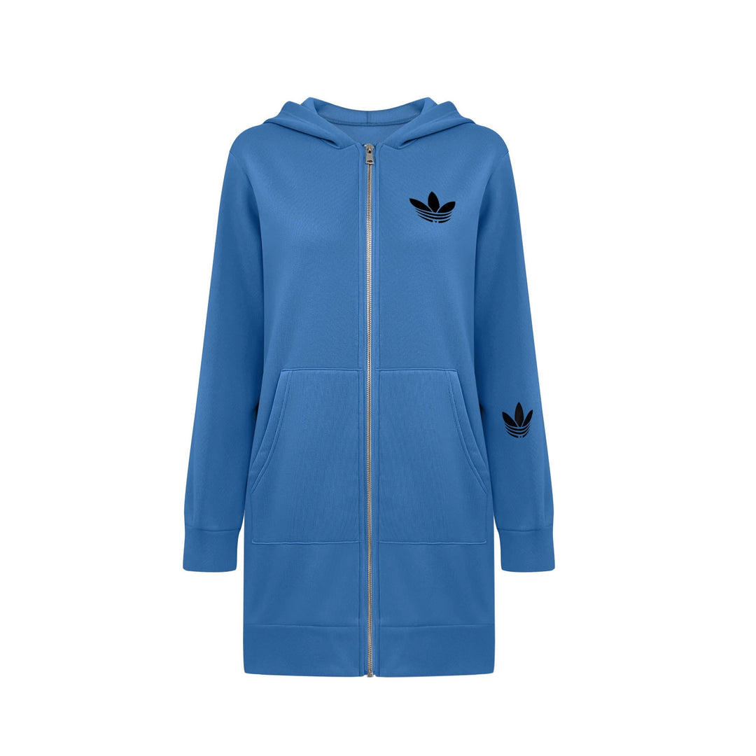 Damen Lange Kapuzen-Sweatjacke mit Metallreißverschluss, Kängurutaschen und figurumspielender Silhouette Drune