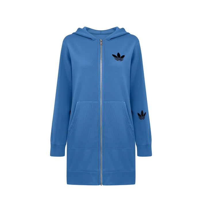 Damen Lange Kapuzen-Sweatjacke mit Metallreißverschluss, Kängurutaschen und figurumspielender Silhouette Drune