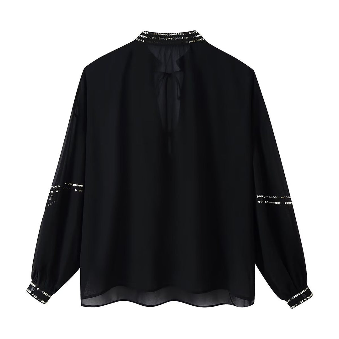 Damen Chiffonbluse mit Paillettenbesatz, Ballonärmeln und Bindekragen Drune