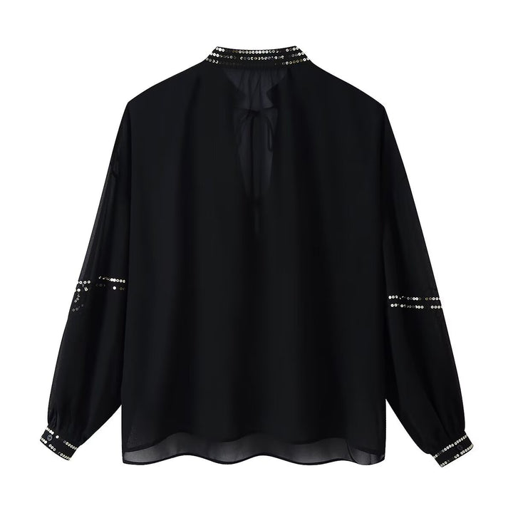 Damen Chiffonbluse mit Paillettenbesatz, Ballonärmeln und Bindekragen Drune