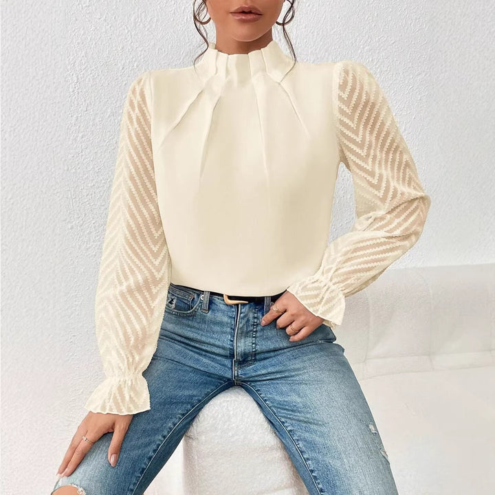 Damen Taillierte Chiffonbluse mit Stehkragen und transparenten Chevron-Ärmeln Drune