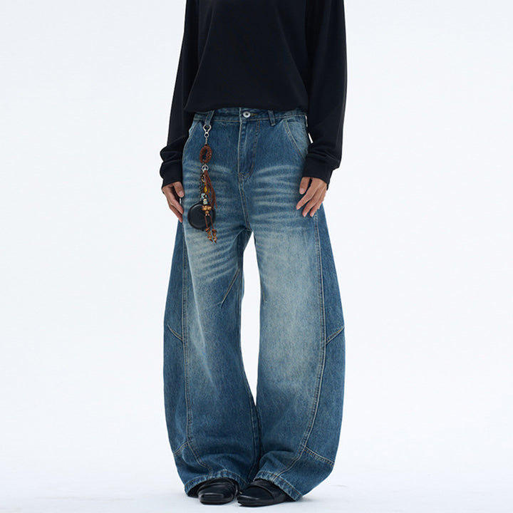 Damen Extraweite Denim-Palazzohose mit Paneelnähten und bodenlangem Saum Drune