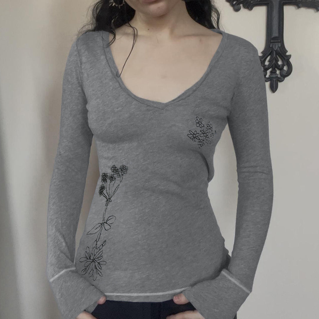 Damen Langärmeliges V-Ausschnitt-Shirt mit feiner Blumenstickerei Drune