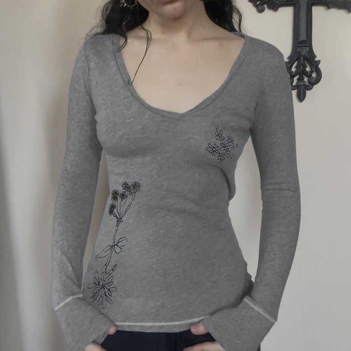 Damen Langärmeliges V-Ausschnitt-Shirt mit feiner Blumenstickerei Drune