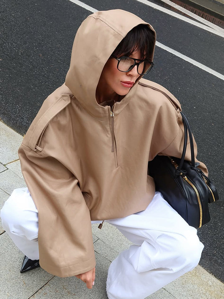 Damen Oversize Kapuzen-Pulloverjacke mit halbem Reißverschluss und Schulterpasse Drune
