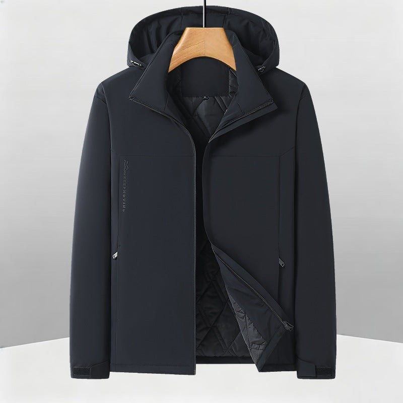 Herren Warme Softshell-Hybridjacke mit gesteppter Thermo-Innenlage und Kapuze Drune