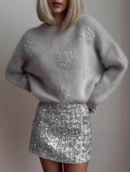 Damen modischer Pullover mit strukturierten Blumenapplikationen Drune