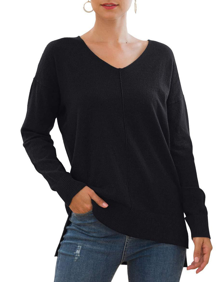 Damen eleganter V-Ausschnitt Pullover mit asymmetrischem Saum Drune