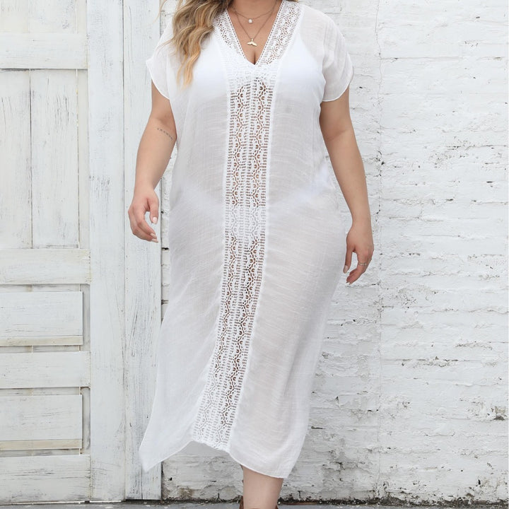 Damen eleganter Maxi-Kaftan mit großzügigem V-Ausschnitt und filigranen Häkelakzenten Drune