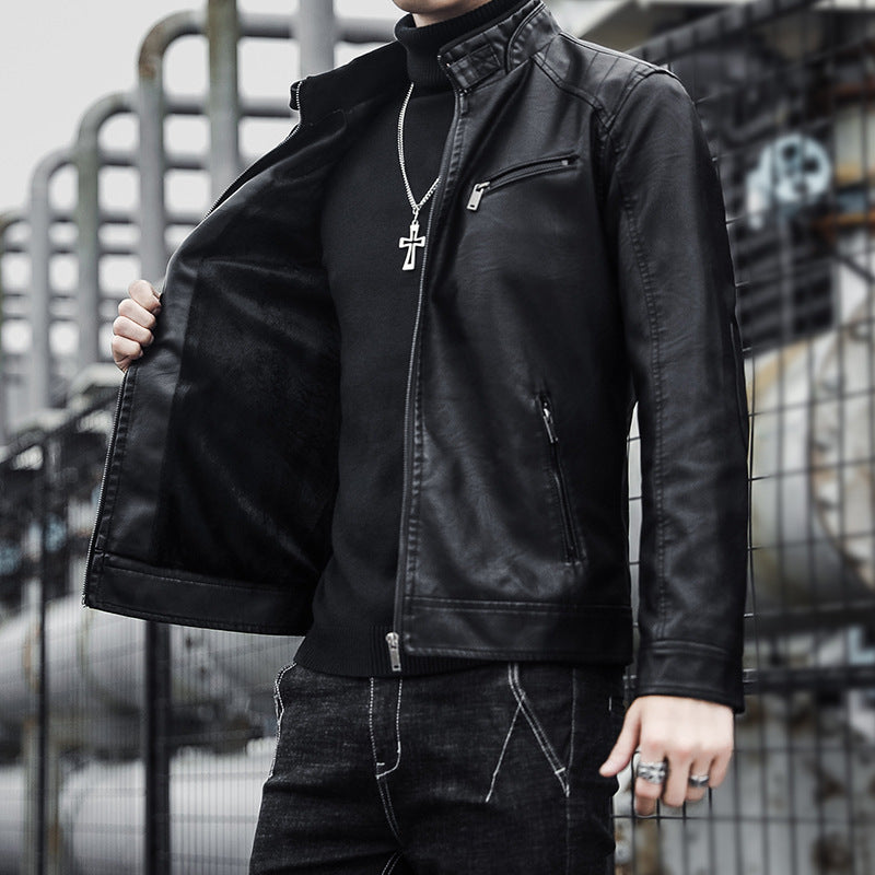 Herren Modische Kunstlederjacke mit warmem Innenfutter Drune