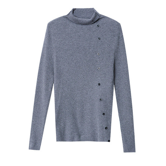 Damen eleganter Strickpullover mit hohem Kragen und dekorativen Knopfdetails Drune