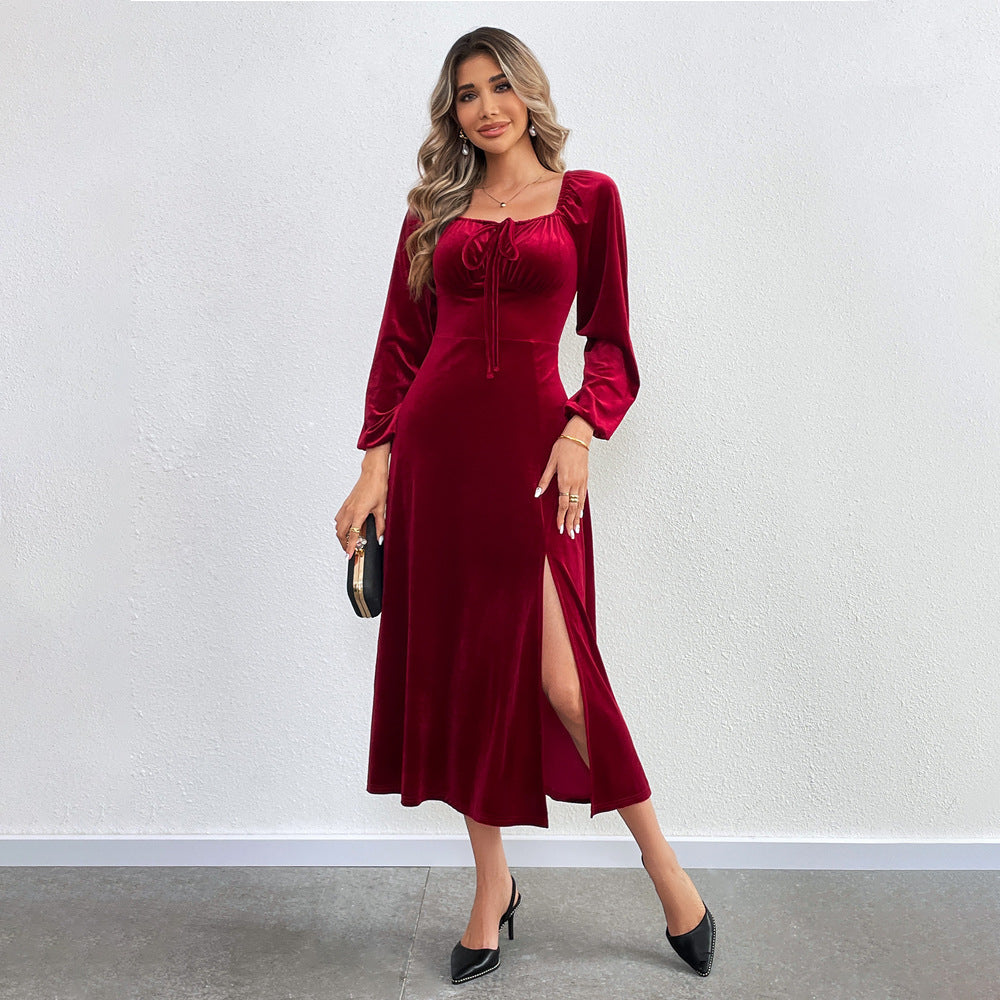Damen elegantes Samt-Midikleid mit Binddetail am Bustier, taillierter Schnitt und seitlichem Oberschenkelschlitz Drune