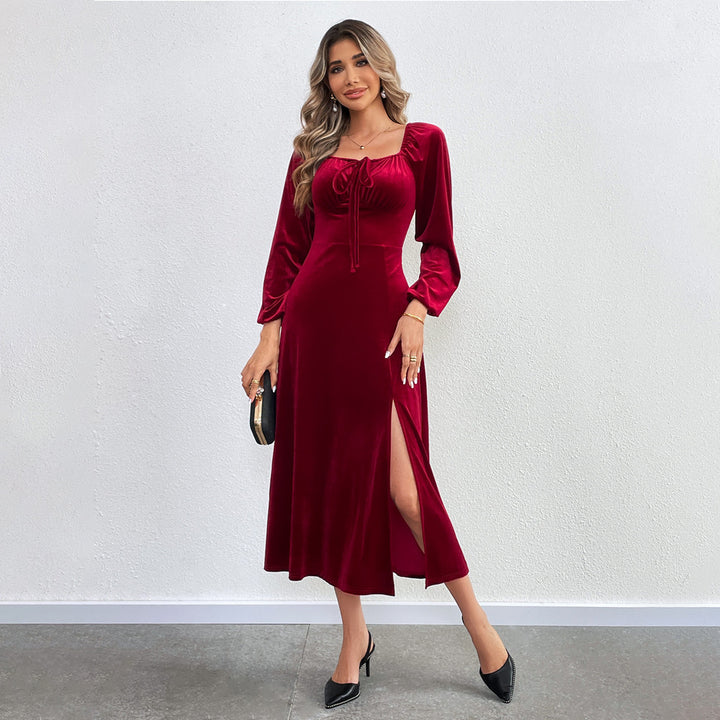 Damen elegantes Samt-Midikleid mit Binddetail am Bustier, taillierter Schnitt und seitlichem Oberschenkelschlitz Drune