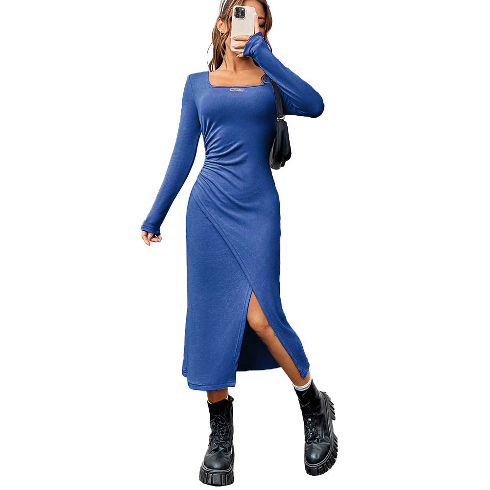 Damen figurbetontes Wickel‑Midikleid mit eckigem Ausschnitt, asymmetrischem Seitenschlitz und taillierender Raffung Drune