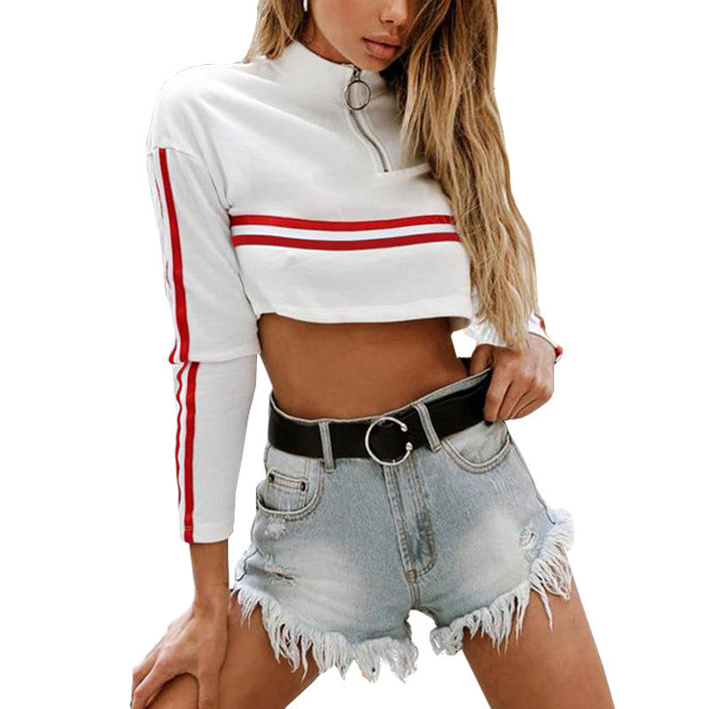 Damen cropped Sportoberteil mit Stehkragen und dekorativem Streifen Drune