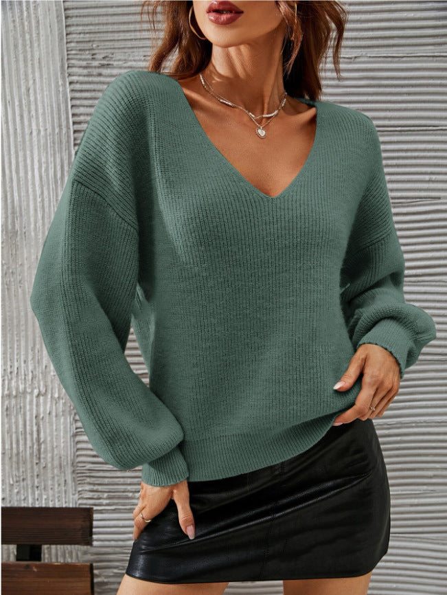 Damen V-Ausschnitt Pullover mit lässiger Passform und modischen Ballonärmeln Drune