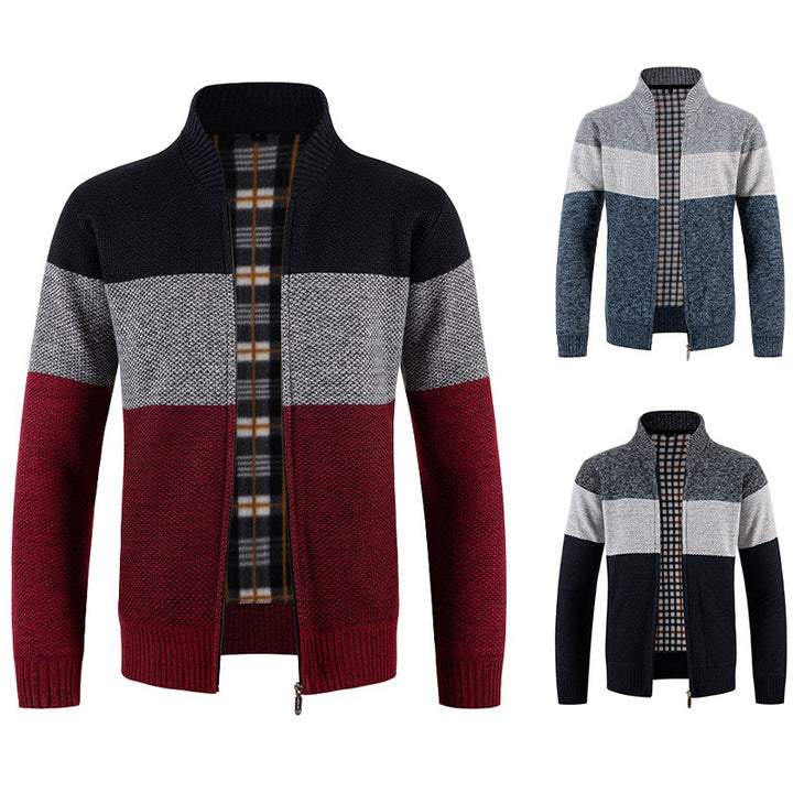 Herren Gestrickte Zip-Strickjacke mit Stehkragen und kariert gefütterter Innenlage Drune