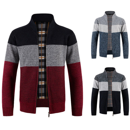 Herren Gestrickte Zip-Strickjacke mit Stehkragen und kariert gefütterter Innenlage Drune