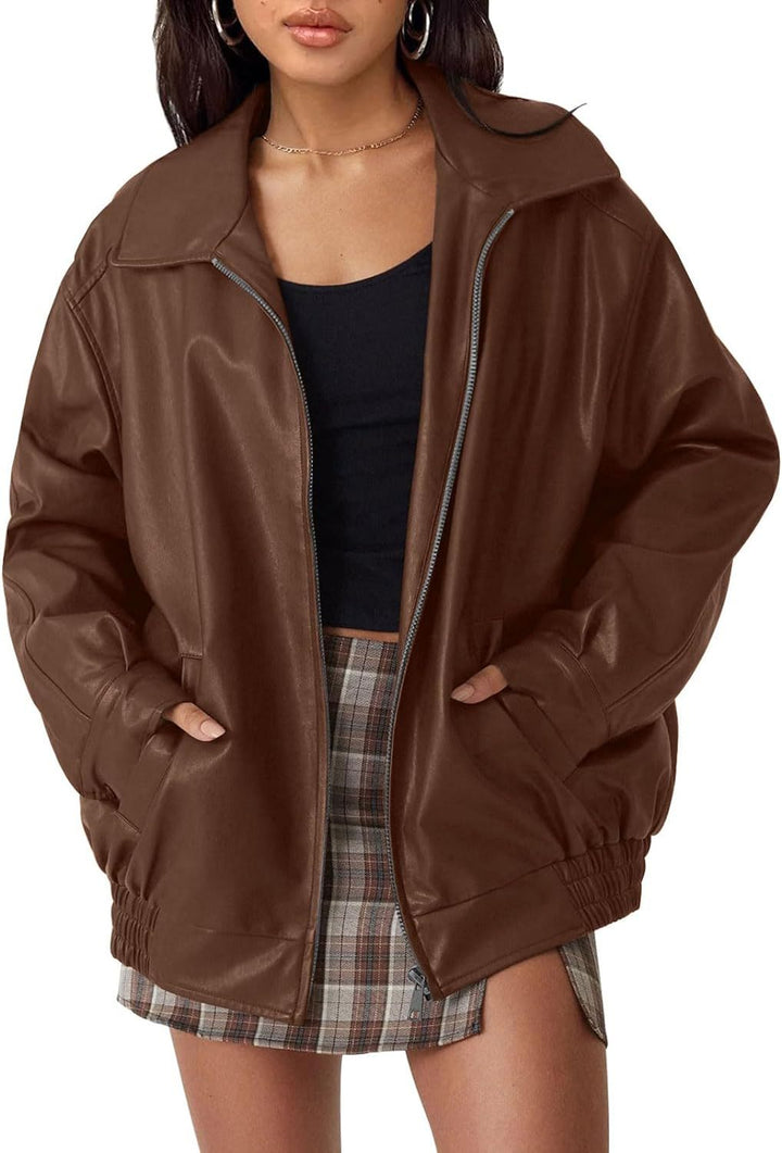 Damen lässige Kunstlederjacke mit weitem Schnitt und praktischen Taschen Drune