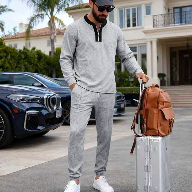 Herren Leichtes Henley-Loungewear-Set mit Kontrastkragen, Tunnelzug-Jogger und elastischen Bündchen Drune