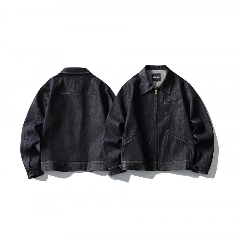 Herren Boxy-Denimjacke im Worker-Stil mit durchgehendem Reißverschluss und Brusttasche Drune