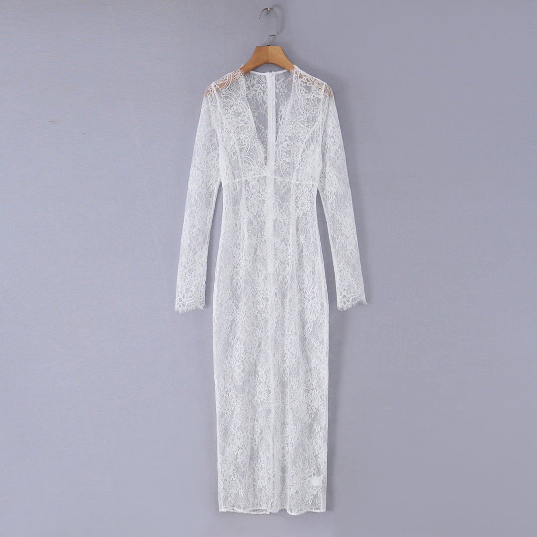 Damen Spitzen‑Maxikleid mit Korsett‑Oberteil und langen Ärmeln Drune