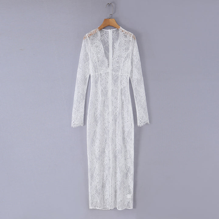 Damen Spitzen‑Maxikleid mit Korsett‑Oberteil und langen Ärmeln Drune