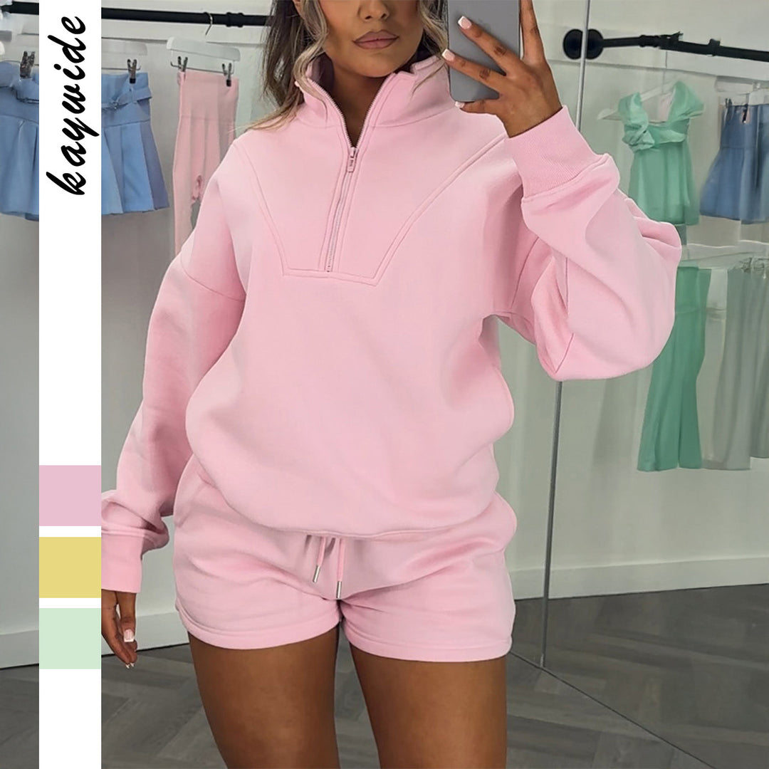 Damen nan lässiges Sweatshirt-Set mit halbem Reißverschluss, Kängurutasche und High-Waist-Shorts Drune