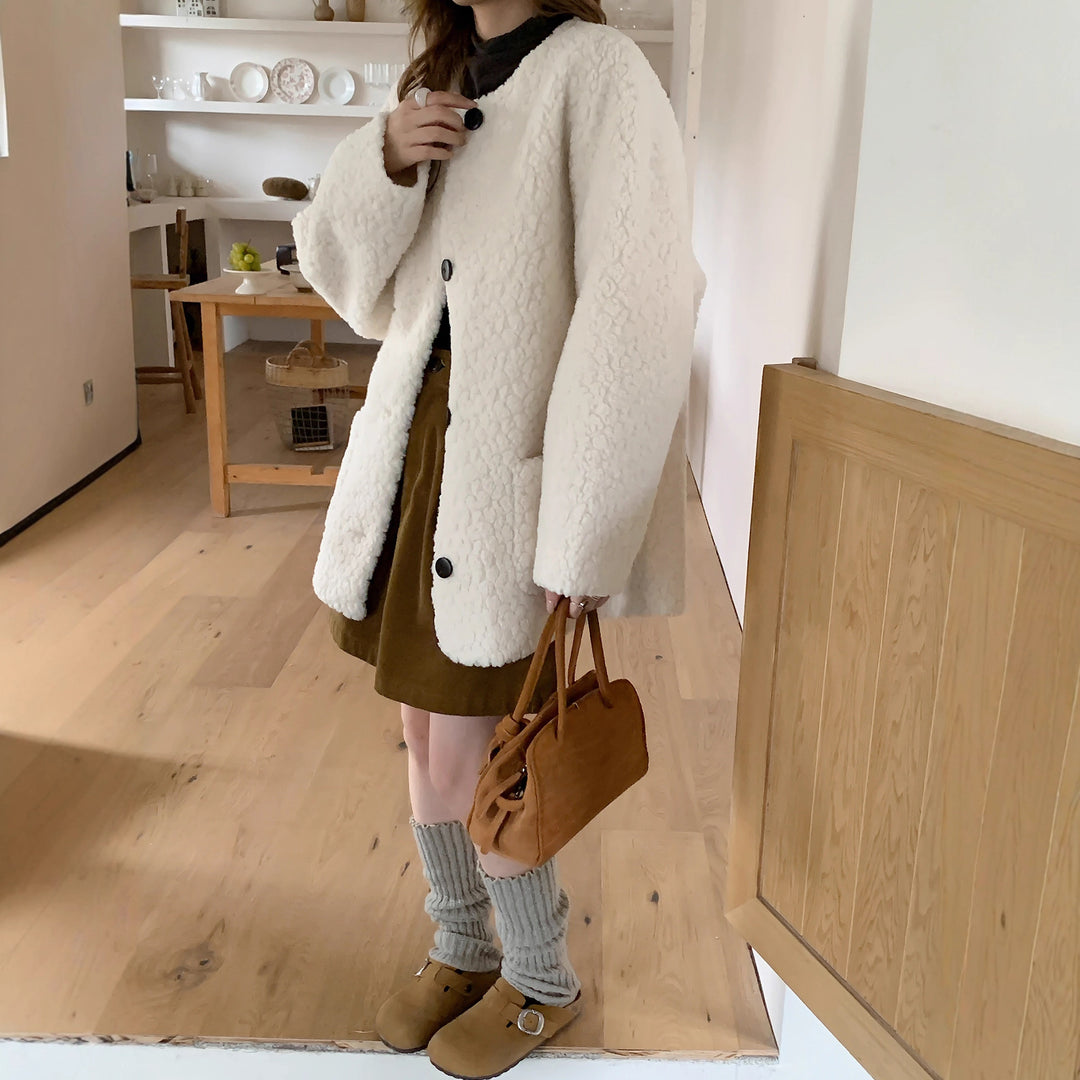 Damen Oversized Teddy‑Mantel mit Rundhals, großer Knopfleiste und aufgesetzten Taschen Drune
