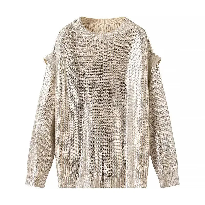 Damen nan leicht glänzender Grobstrick-Pullover mit Cut-Out-Schultern und Rundhalsausschnitt Drune