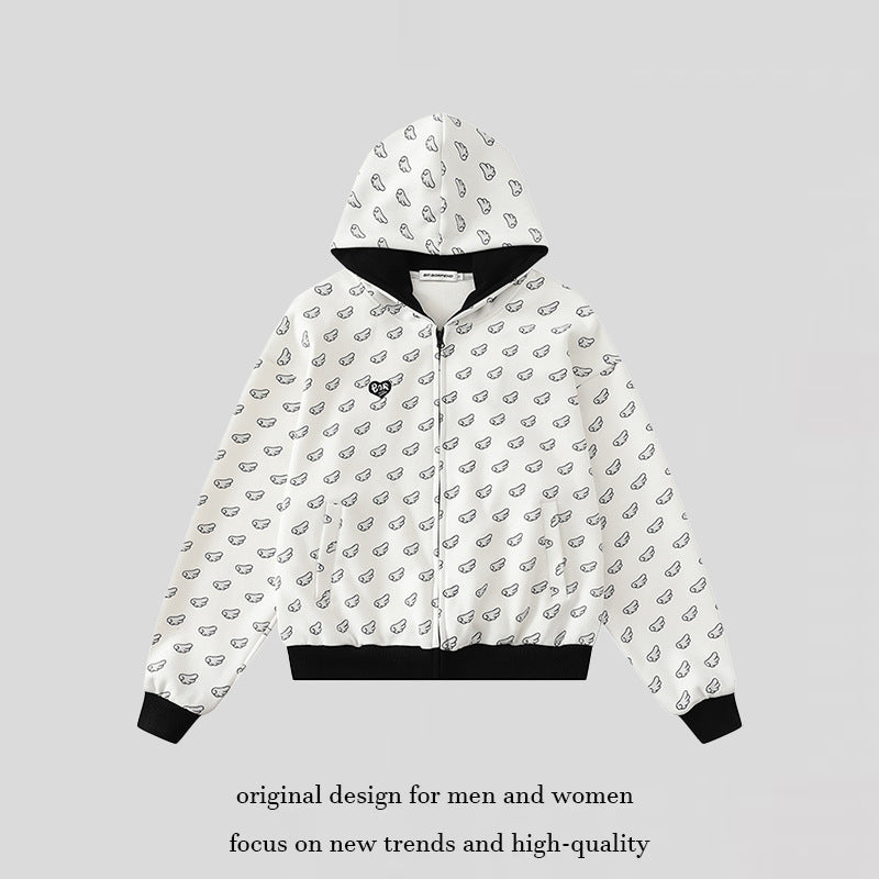 Damen Kapuzensweatjacke mit Allover‑Flügelmotiv, durchgehendem Reißverschluss und kontrastierenden Bündchen Drune