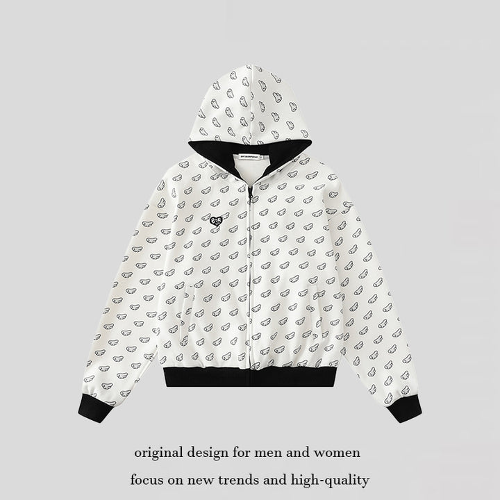 Damen Kapuzensweatjacke mit Allover‑Flügelmotiv, durchgehendem Reißverschluss und kontrastierenden Bündchen Drune