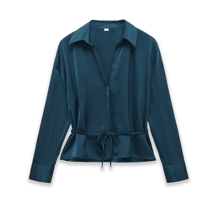 Damen Seidiges Hemdblusen-Shirt mit Bindegürtel und Schößchen Drune