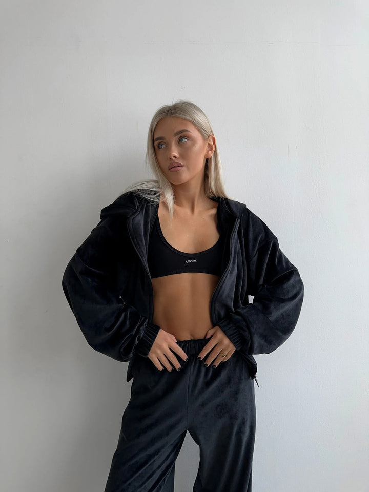 Damen Eleganter Fleece-Jogginganzug mit Hohem Kragen Drune