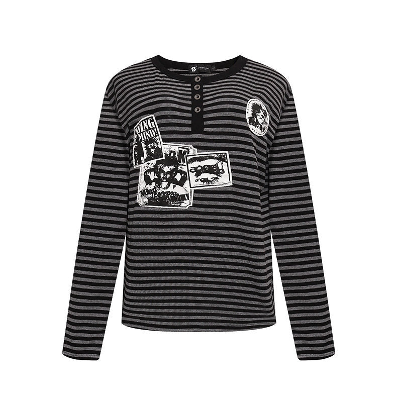 Damen Gestreiftes Langarm-Henleyshirt mit Knopfleiste und Grafikpatches Drune