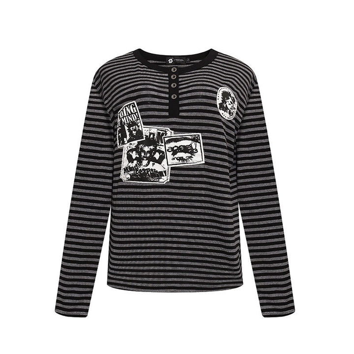 Damen Gestreiftes Langarm-Henleyshirt mit Knopfleiste und Grafikpatches Drune