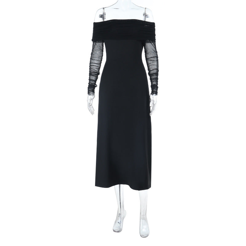 Damen elegantes schulterfreies Midikleid mit Rüschendetails und transparenten Ärmeln Drune